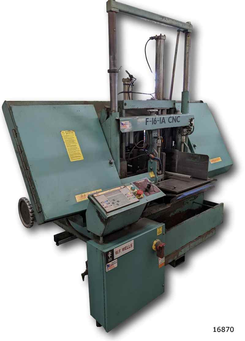 WF WELLS (USED) MODEL F-16-1A-CNC AUTOMATIC TWINPOST HORIZONTAL CNC BANDSAW WITH SHUTTLE TYPE BARFEED